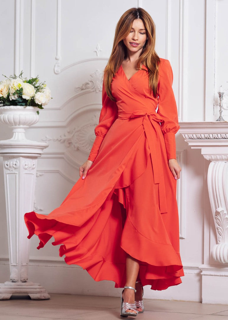 Coral long wrap dress