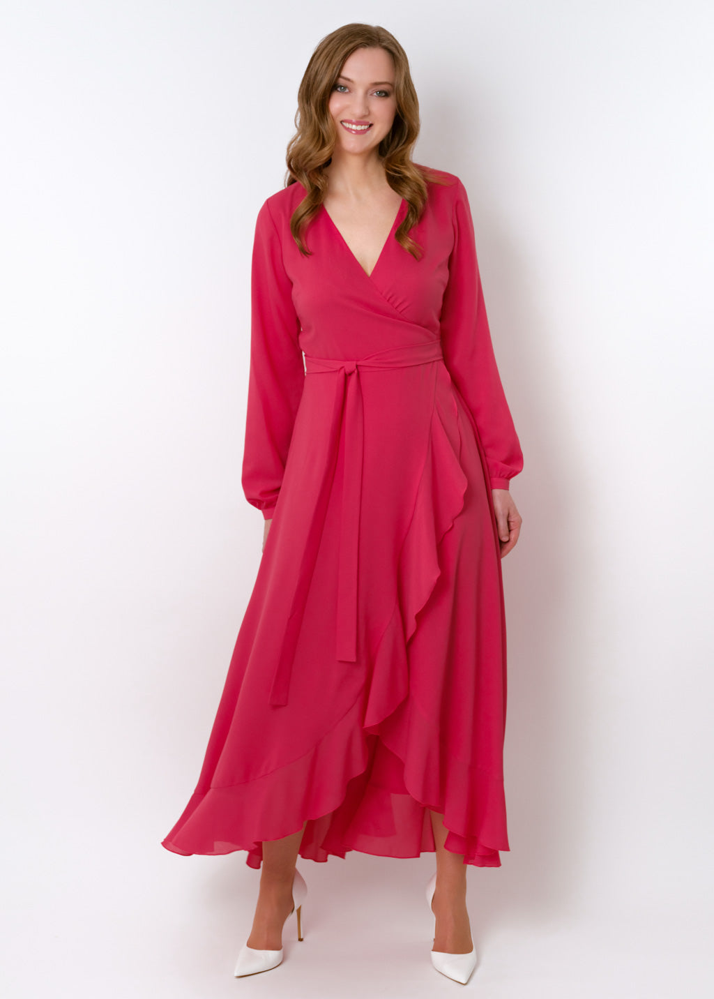 Coral pink chiffon wrap dress