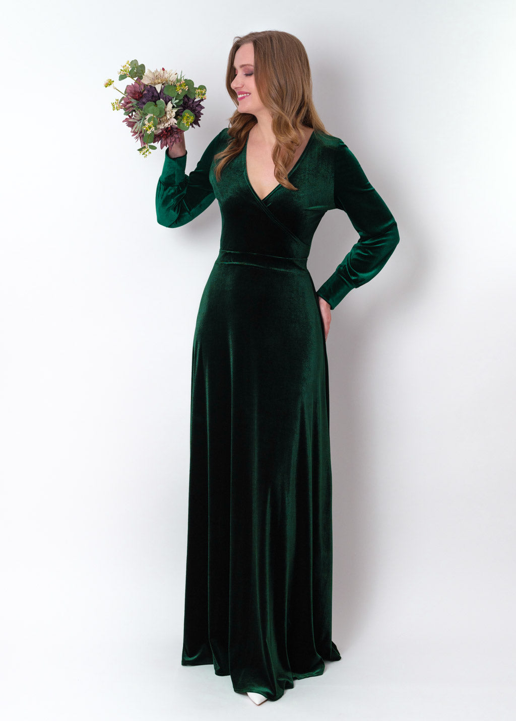 Emerald green velvet long wrap dress