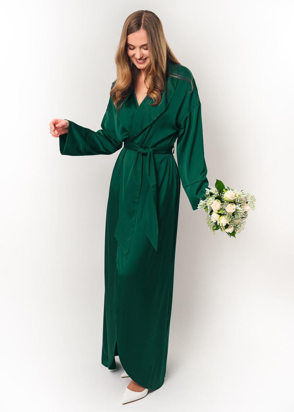 Emerald green long silk robe with pockets