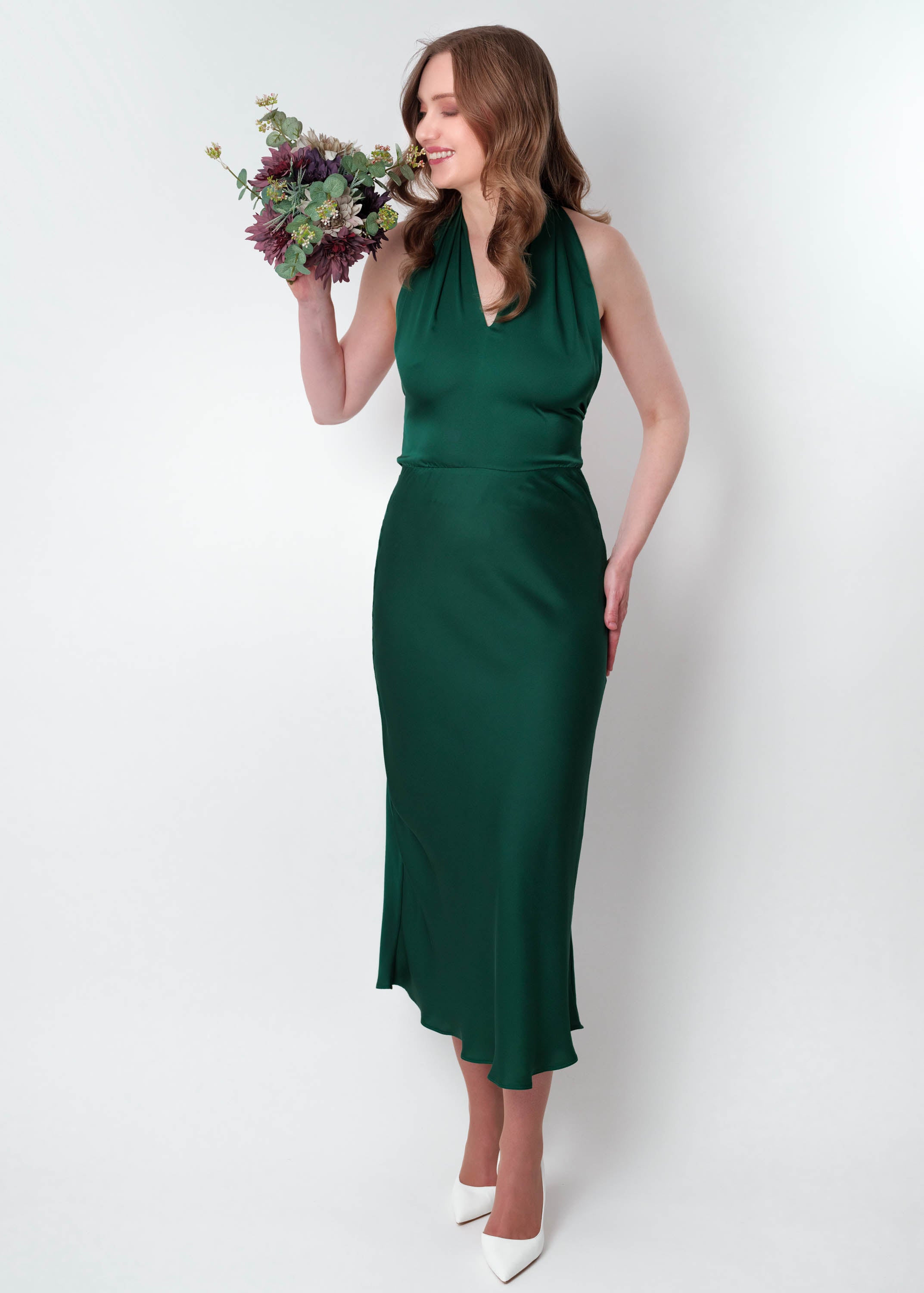Dark green silk mid-calf halter dress