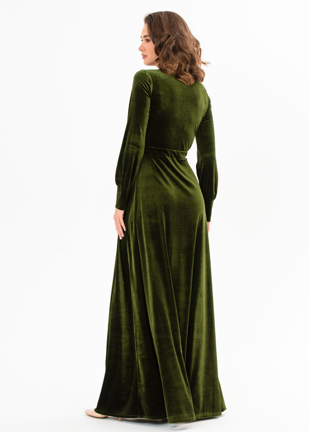 Olive green velvet long dress