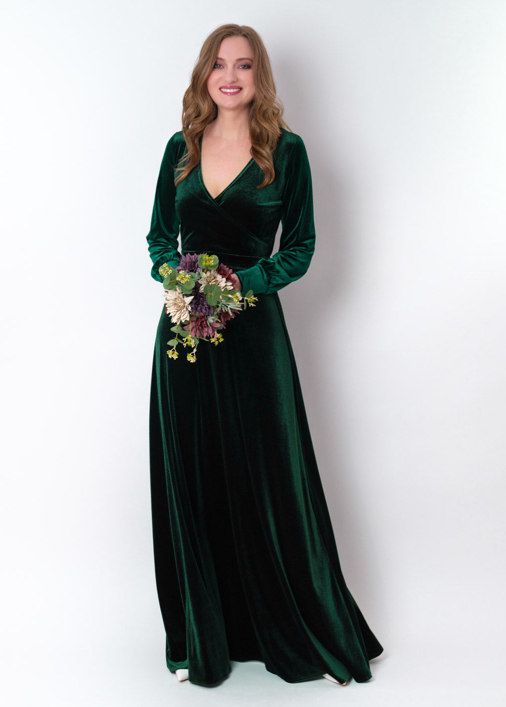 Emerald green velvet long wrap dress