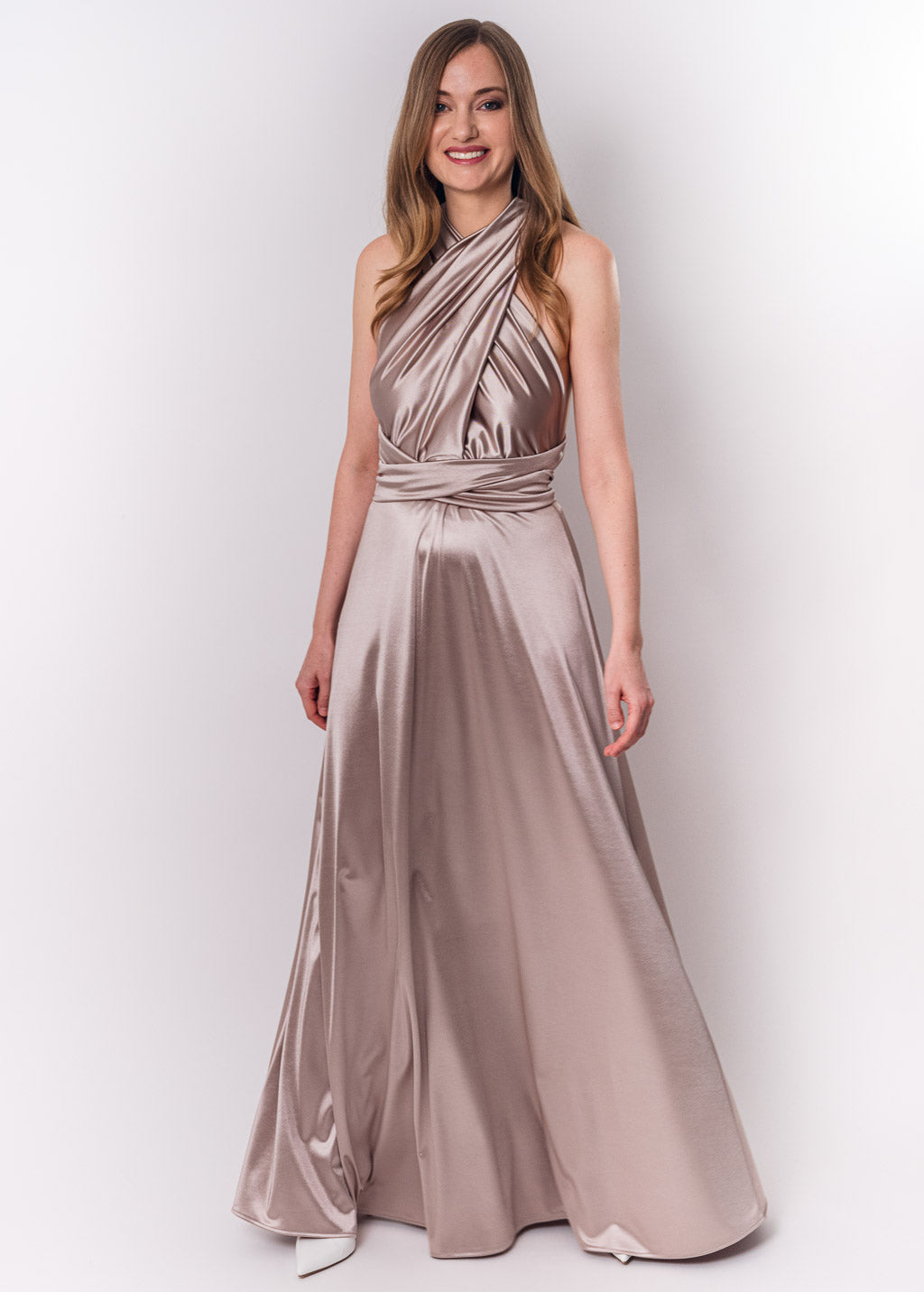 Champagne beige luxury satin infinity dress or jumpsuit