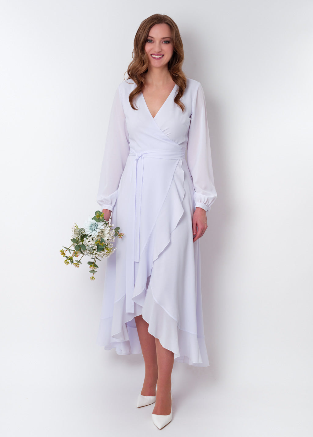 White chiffon wrap dress