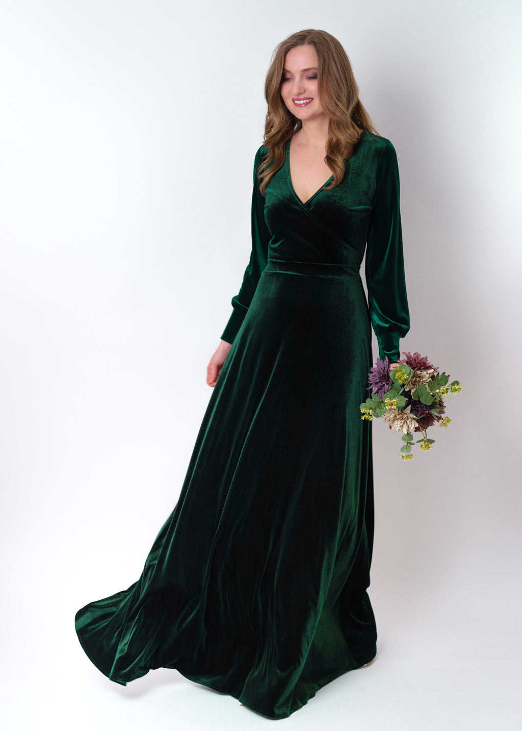 Emerald green velvet long wrap dress