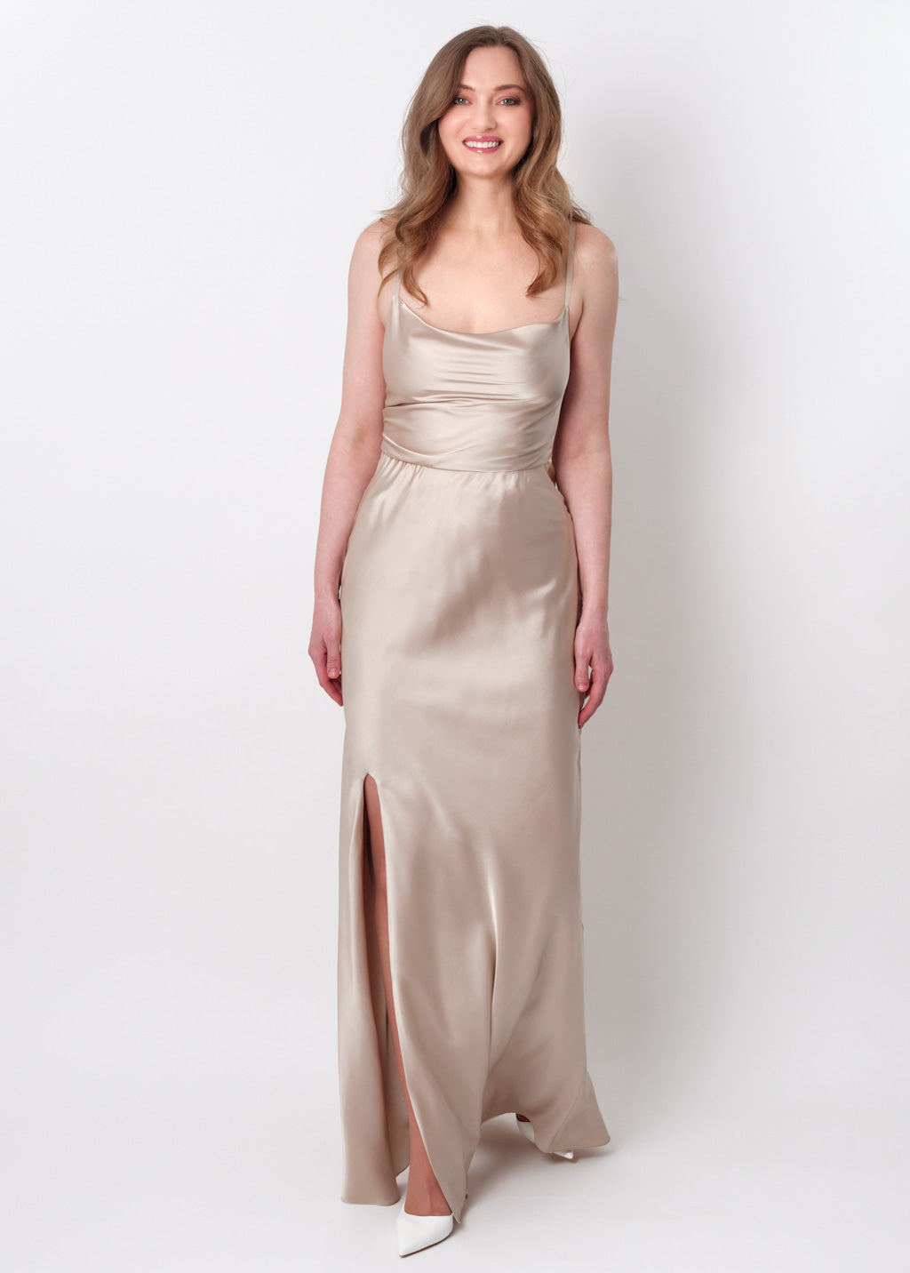 Champagne beige silk slip slit dress