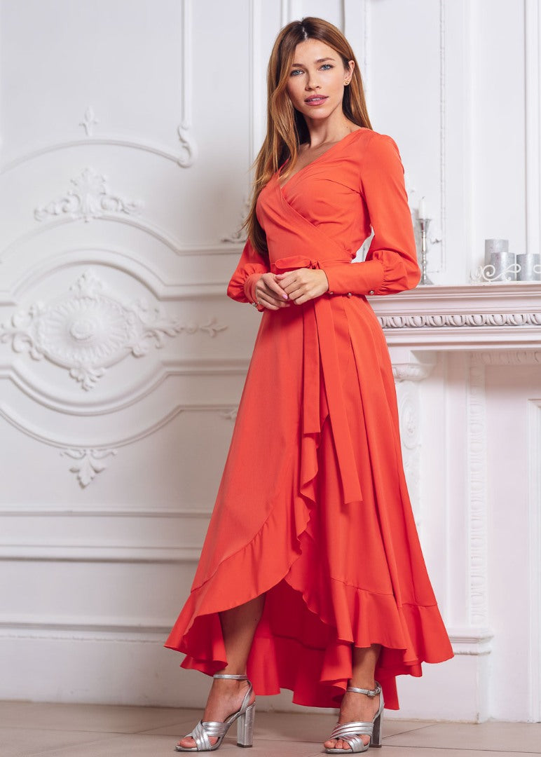 Coral long wrap dress