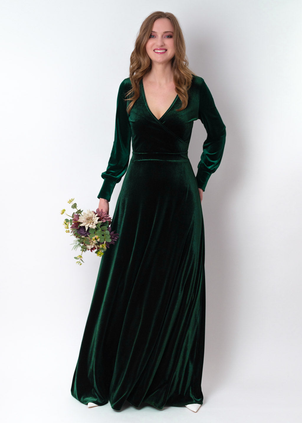 Emerald green velvet long wrap dress