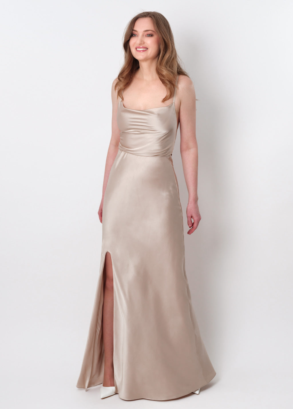 Champagne beige silk slip slit dress