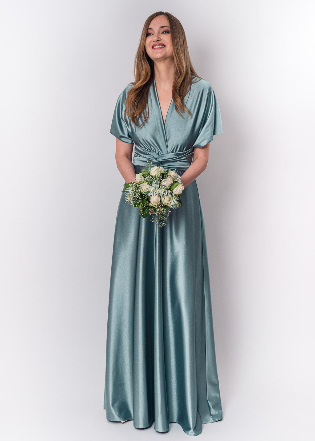 Dusty blue luxury satin infinity dress or jumpsuit