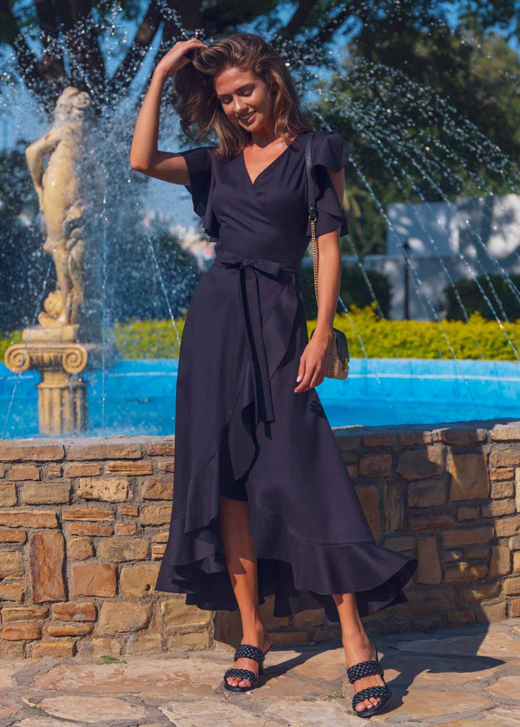 Black linen wrap dress