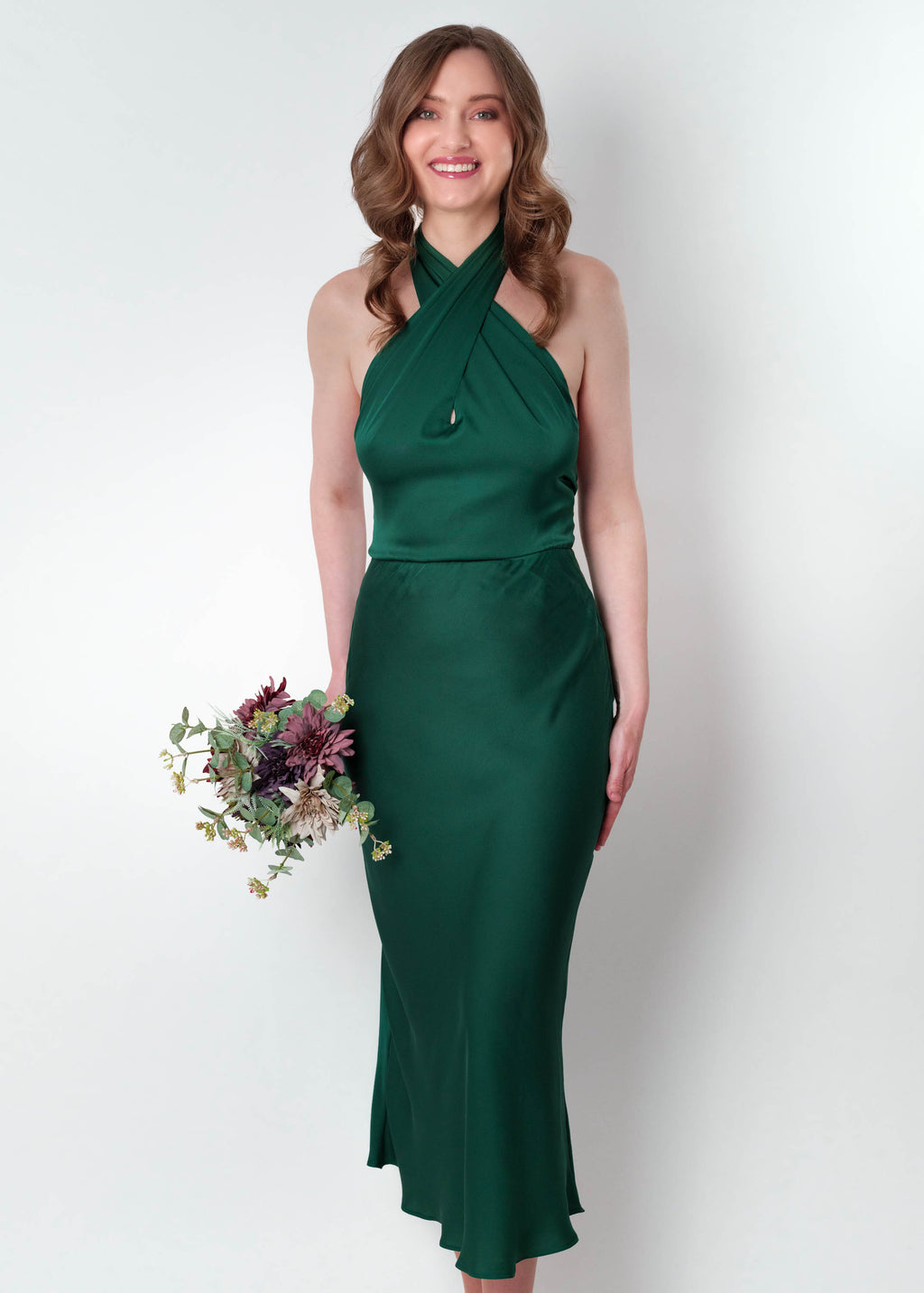 Dark green silk mid-calf halter dress