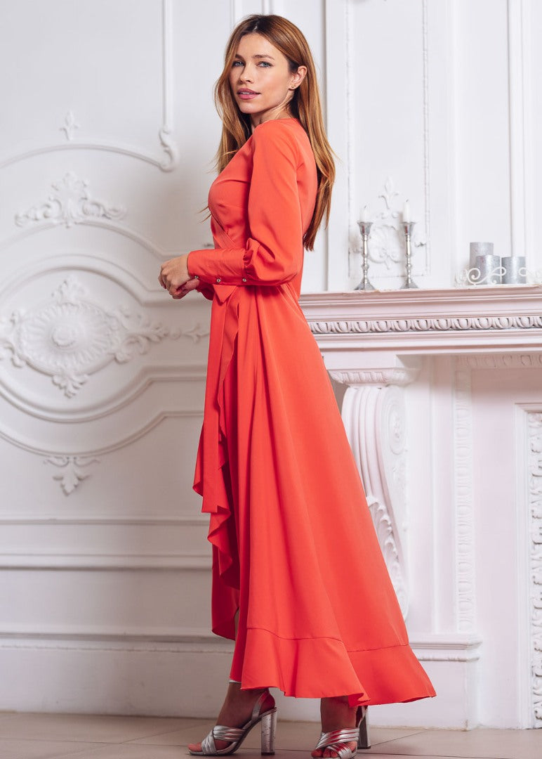 Coral long wrap dress