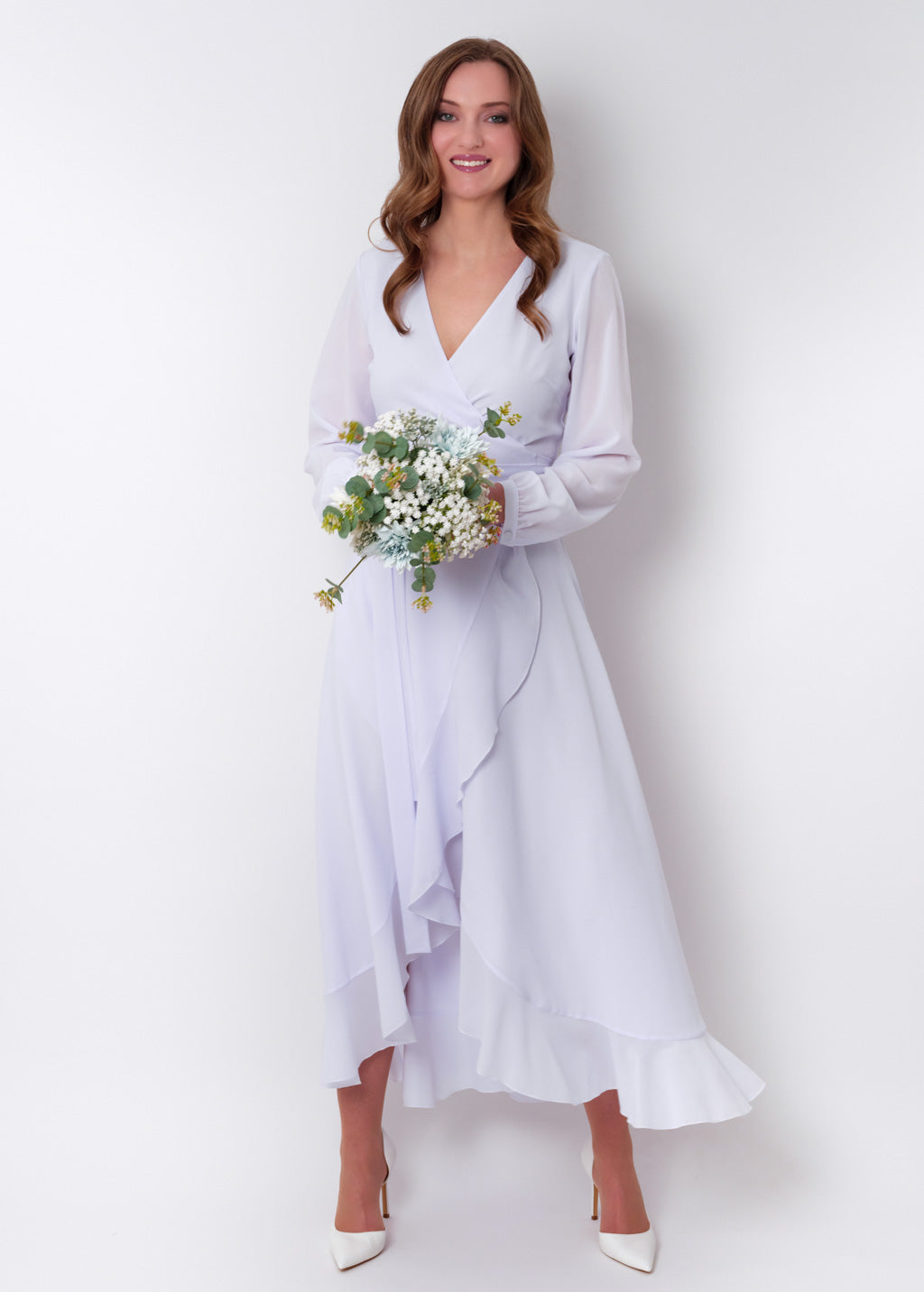 White chiffon wrap dress