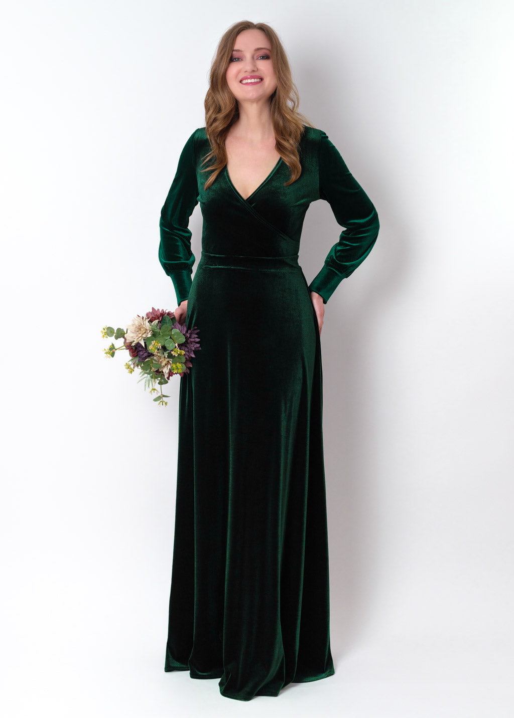 Emerald green velvet long wrap dress