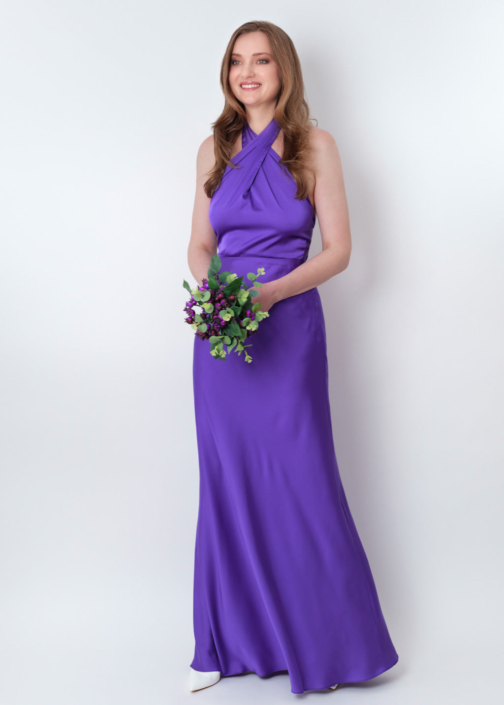 Purple silk long halter dress