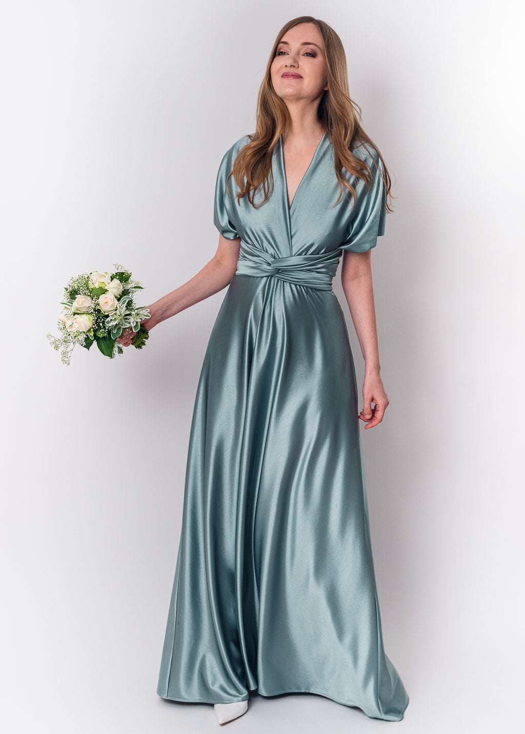 Dusty blue luxury satin infinity dress or jumpsuit