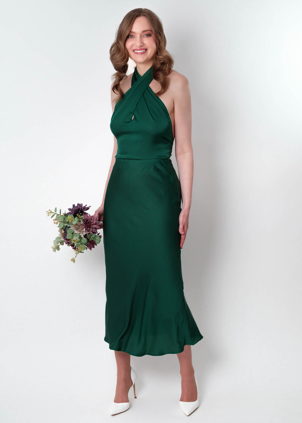 Dark green silk mid-calf halter dress