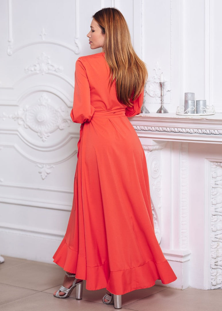 Coral long wrap dress