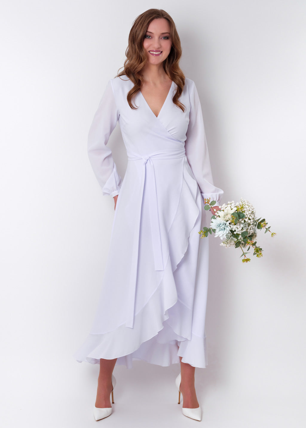 White chiffon wrap dress