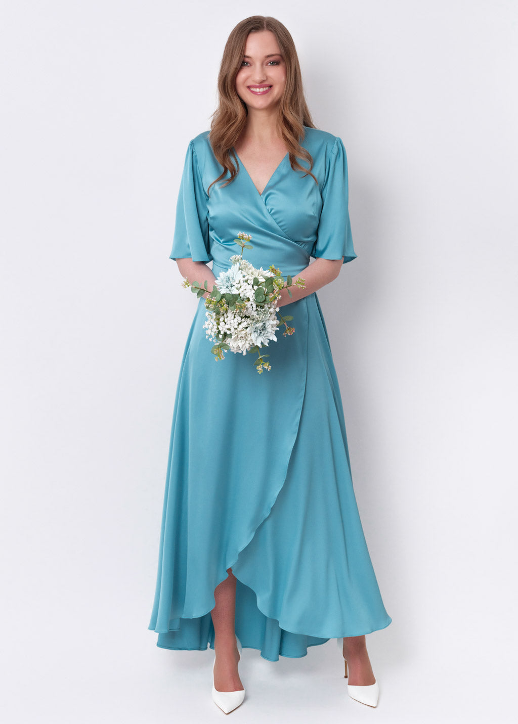 Dusty blue silk long wrap dress