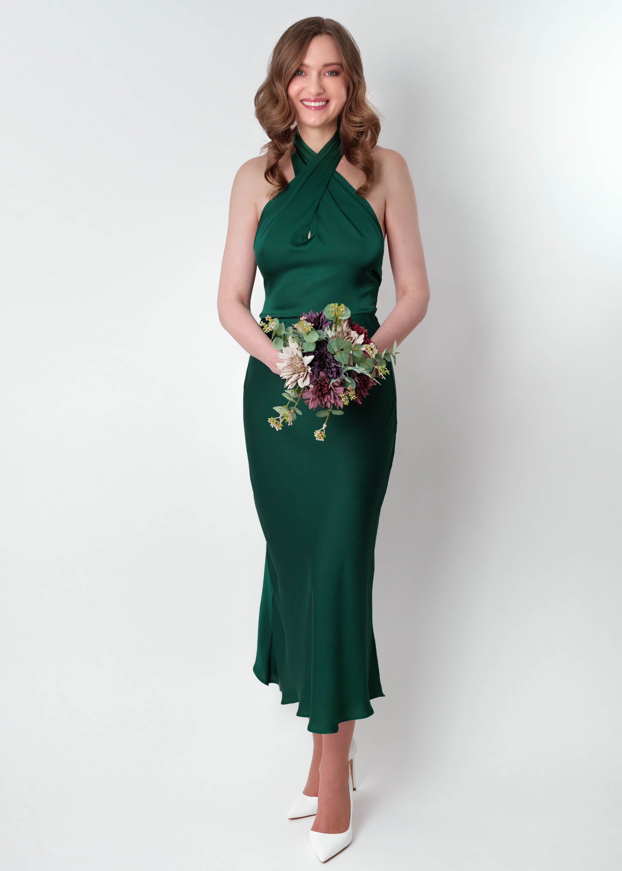 Dark green silk mid-calf halter dress