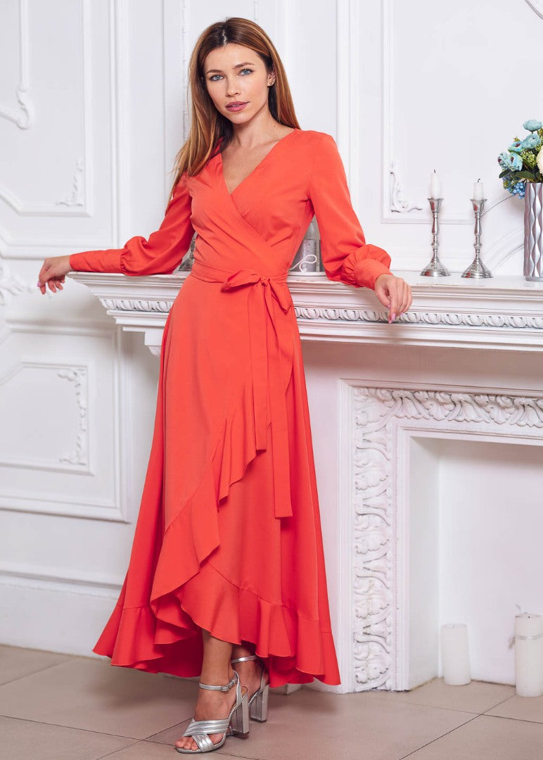 Coral long wrap dress