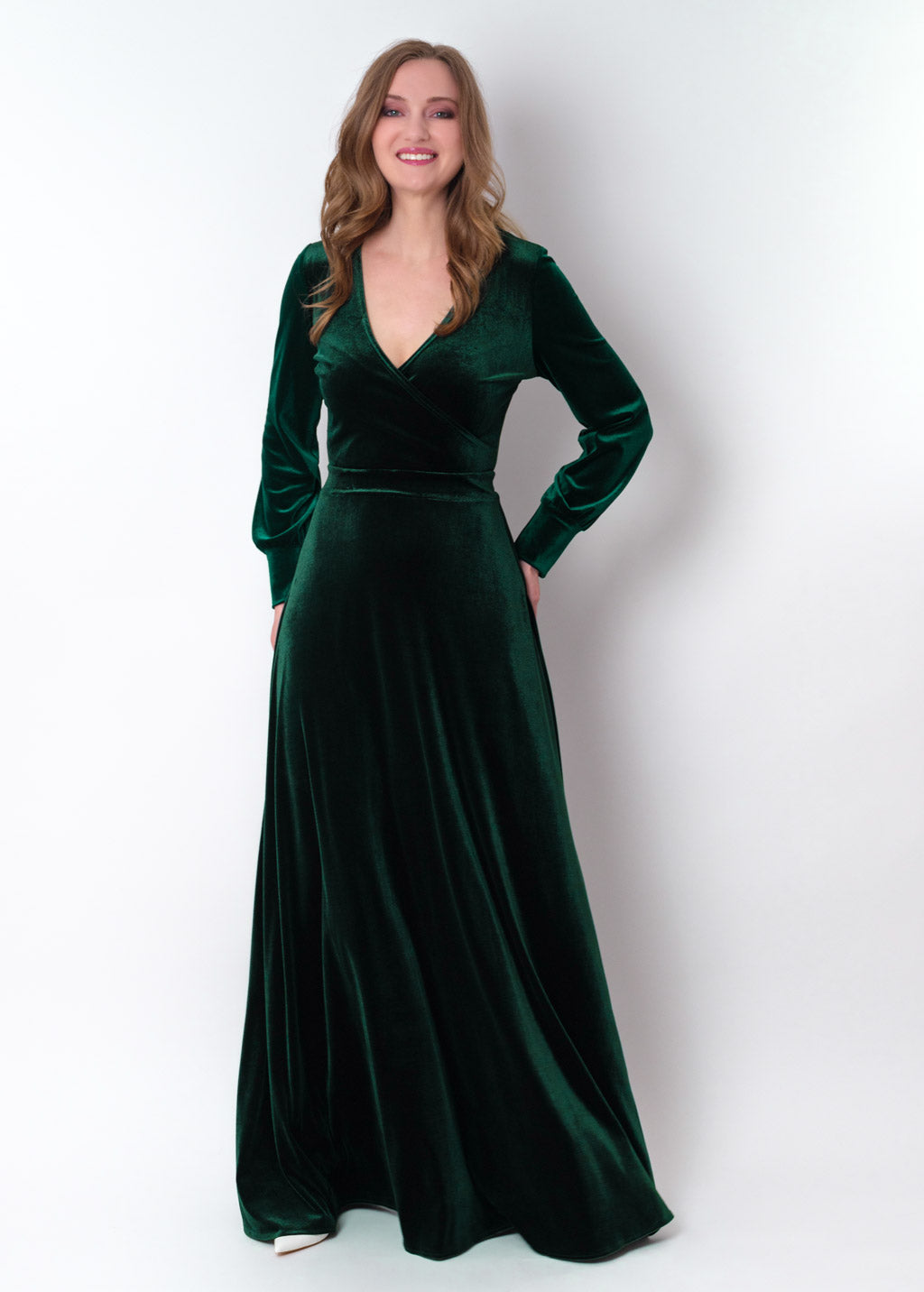 Emerald green velvet long wrap dress