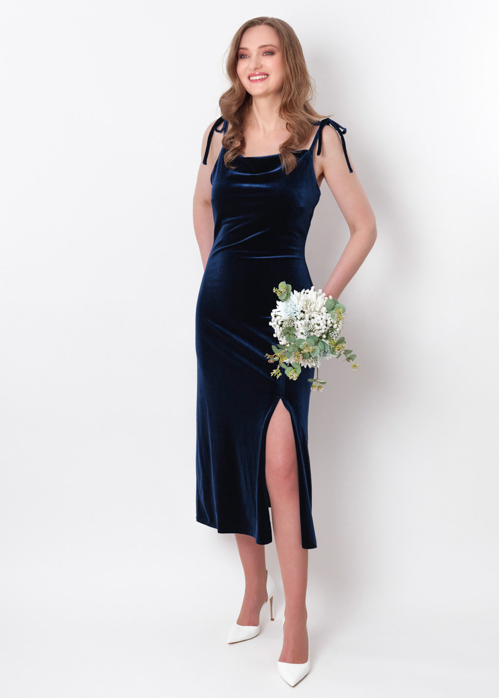 Navy blue slip slit velvet bodycon dress
