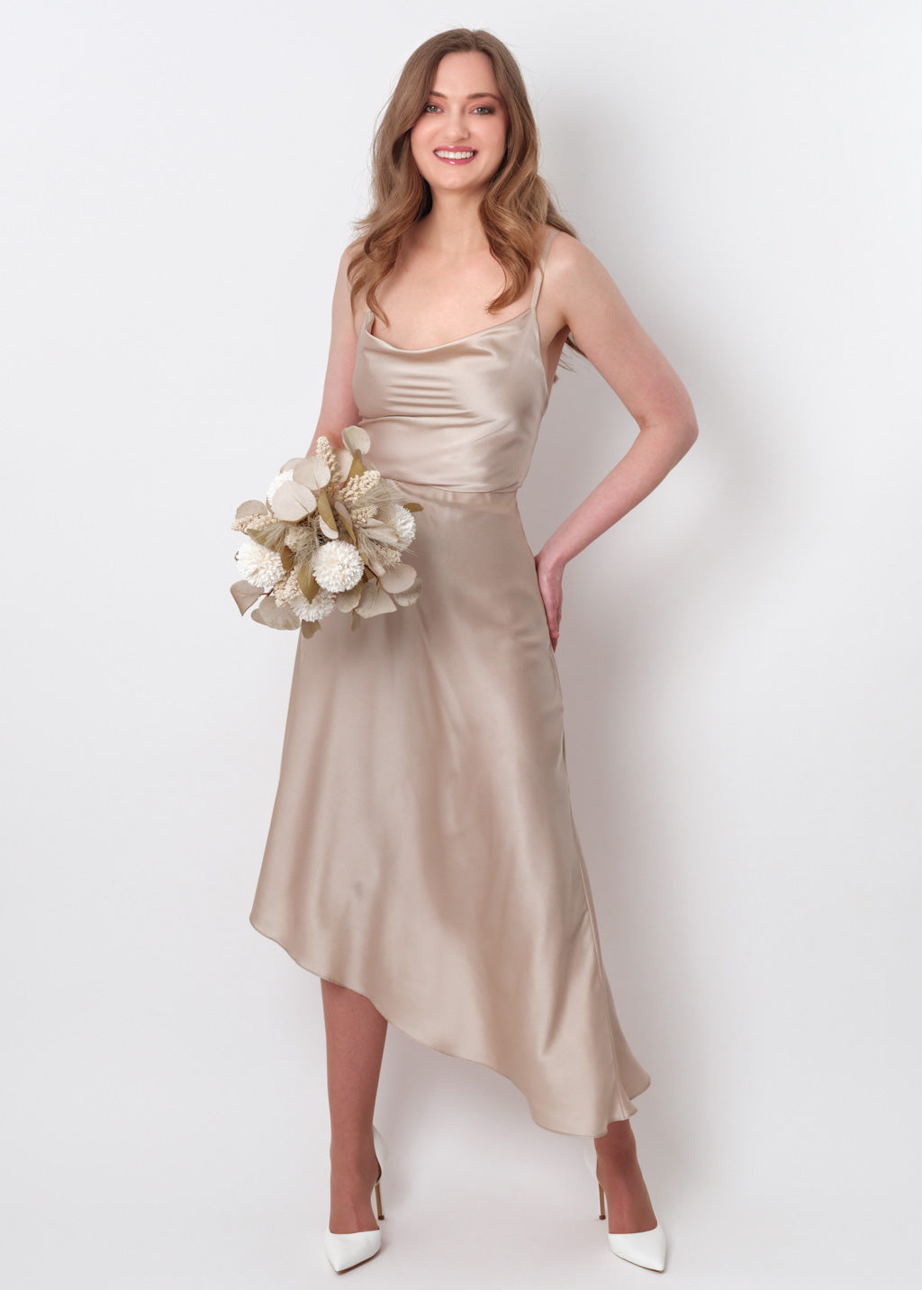 Champagne beige silk asymmetric dress