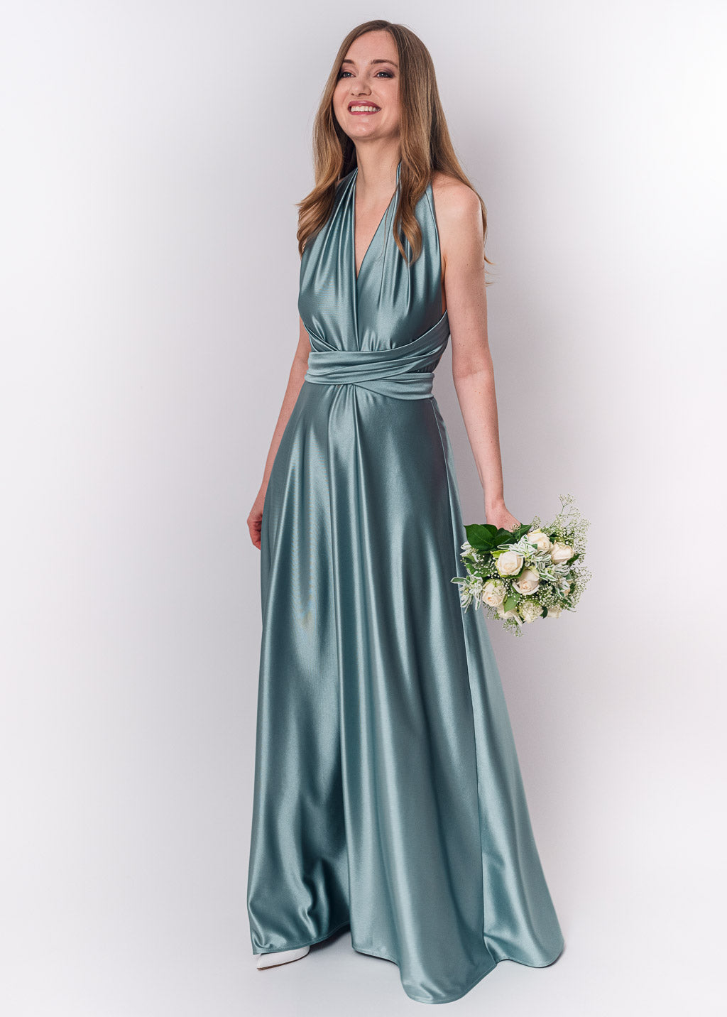 Dusty blue luxury satin infinity dress or jumpsuit