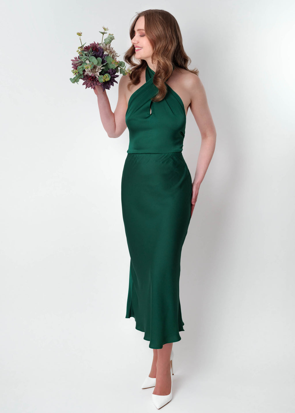 Dark green silk mid-calf halter dress