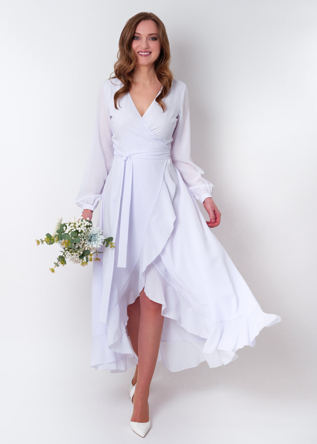 White chiffon wrap dress