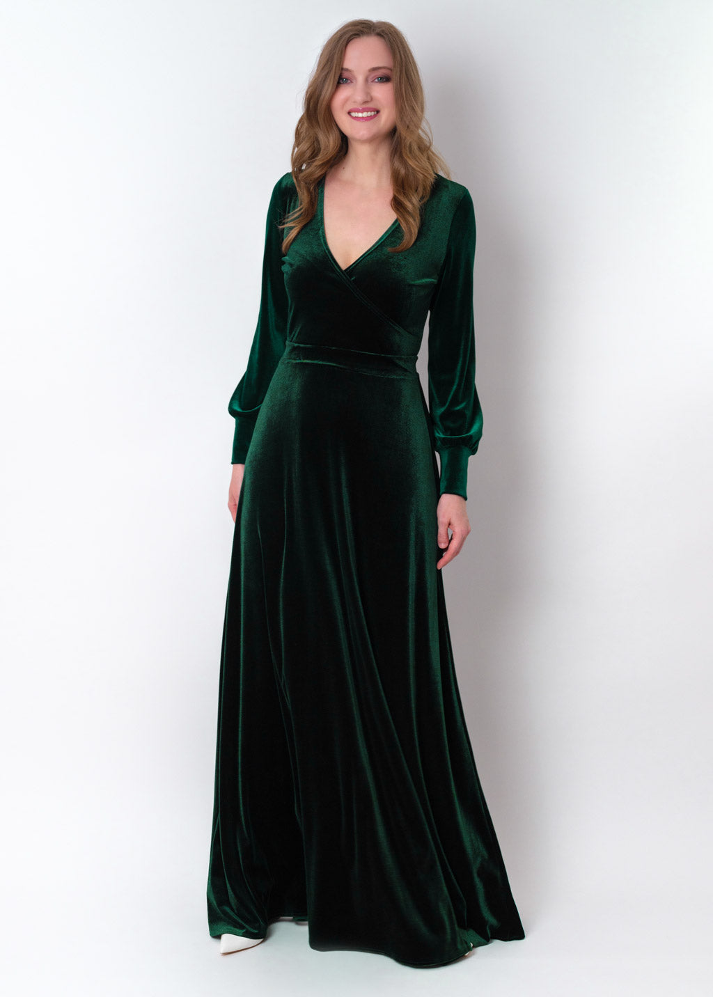 Emerald green velvet long wrap dress