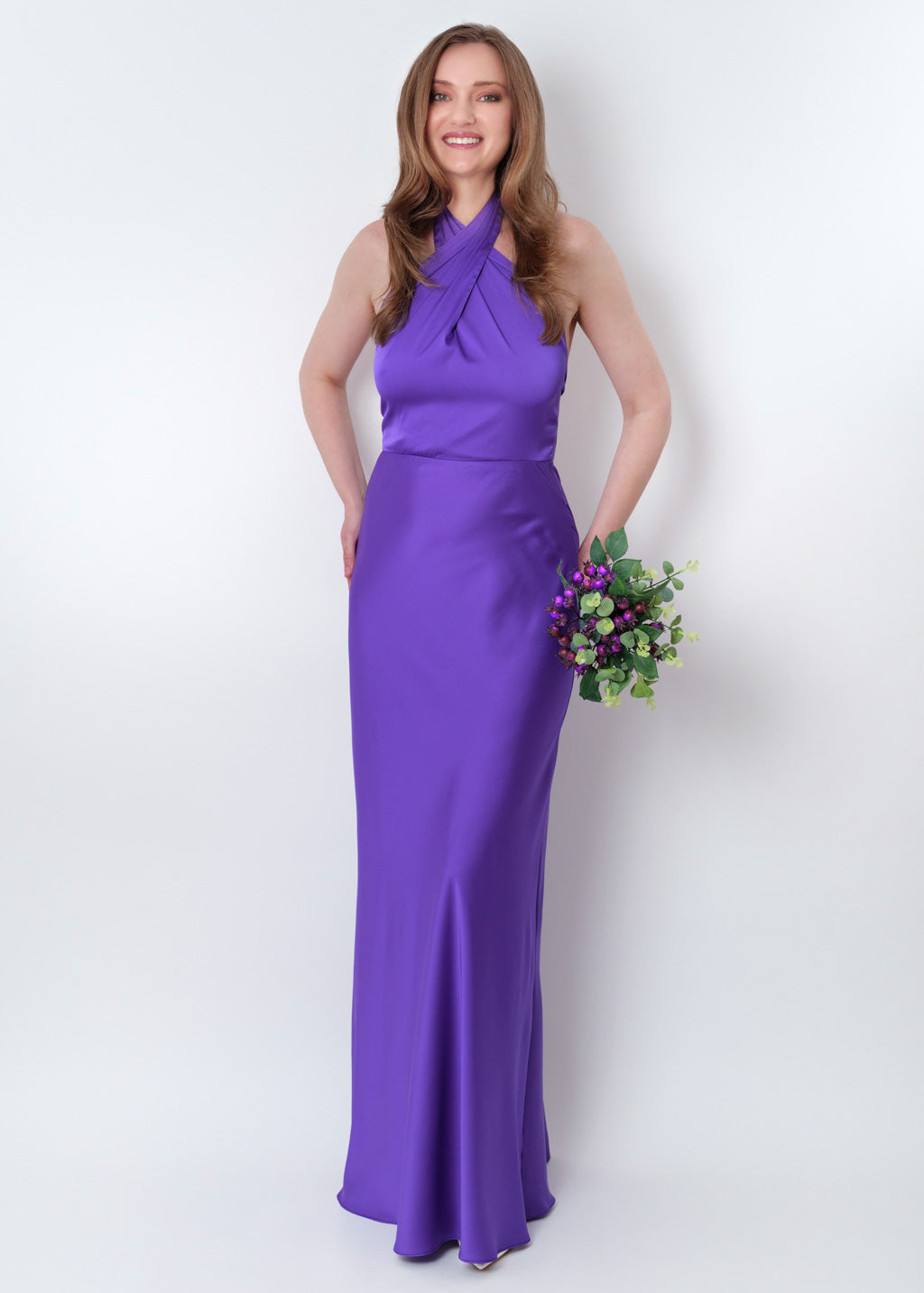 Purple silk long halter dress