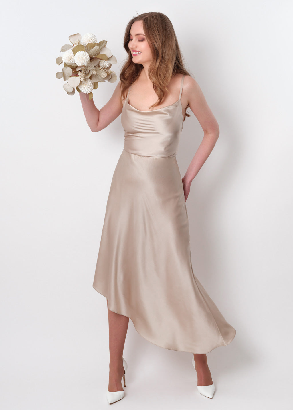 Champagne beige silk asymmetric dress