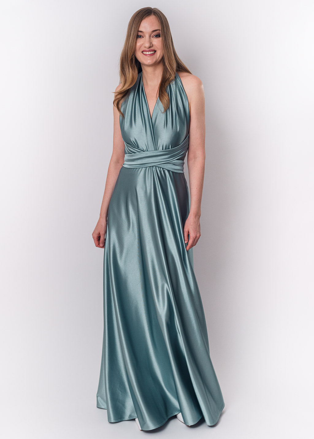 Dusty blue luxury satin infinity dress or jumpsuit
