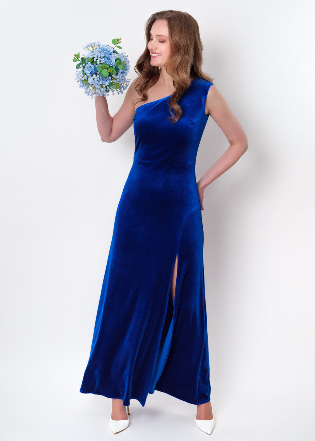 Royal blue velvet one shoulder slit dress