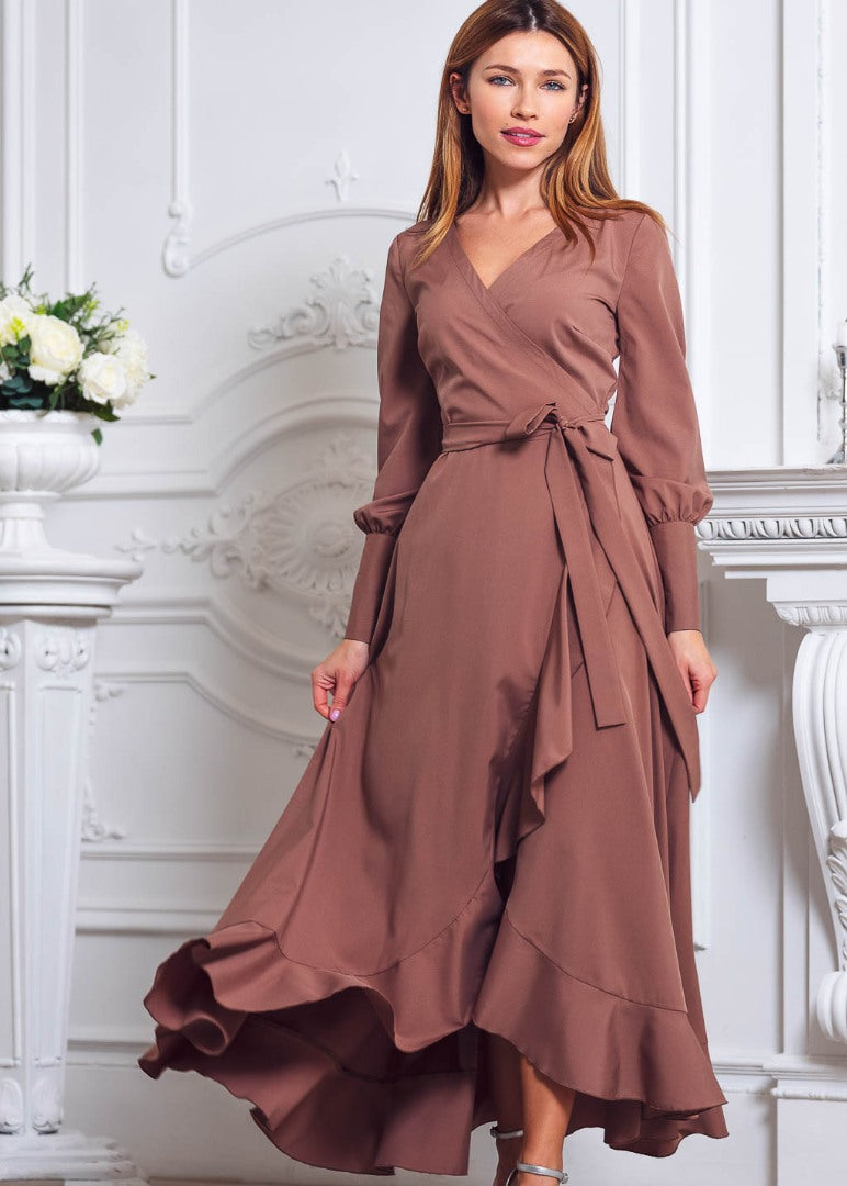 Brown long wrap dress