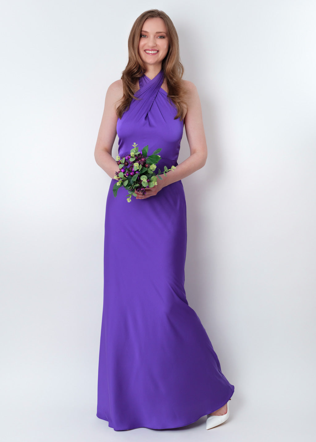 Purple silk long halter dress