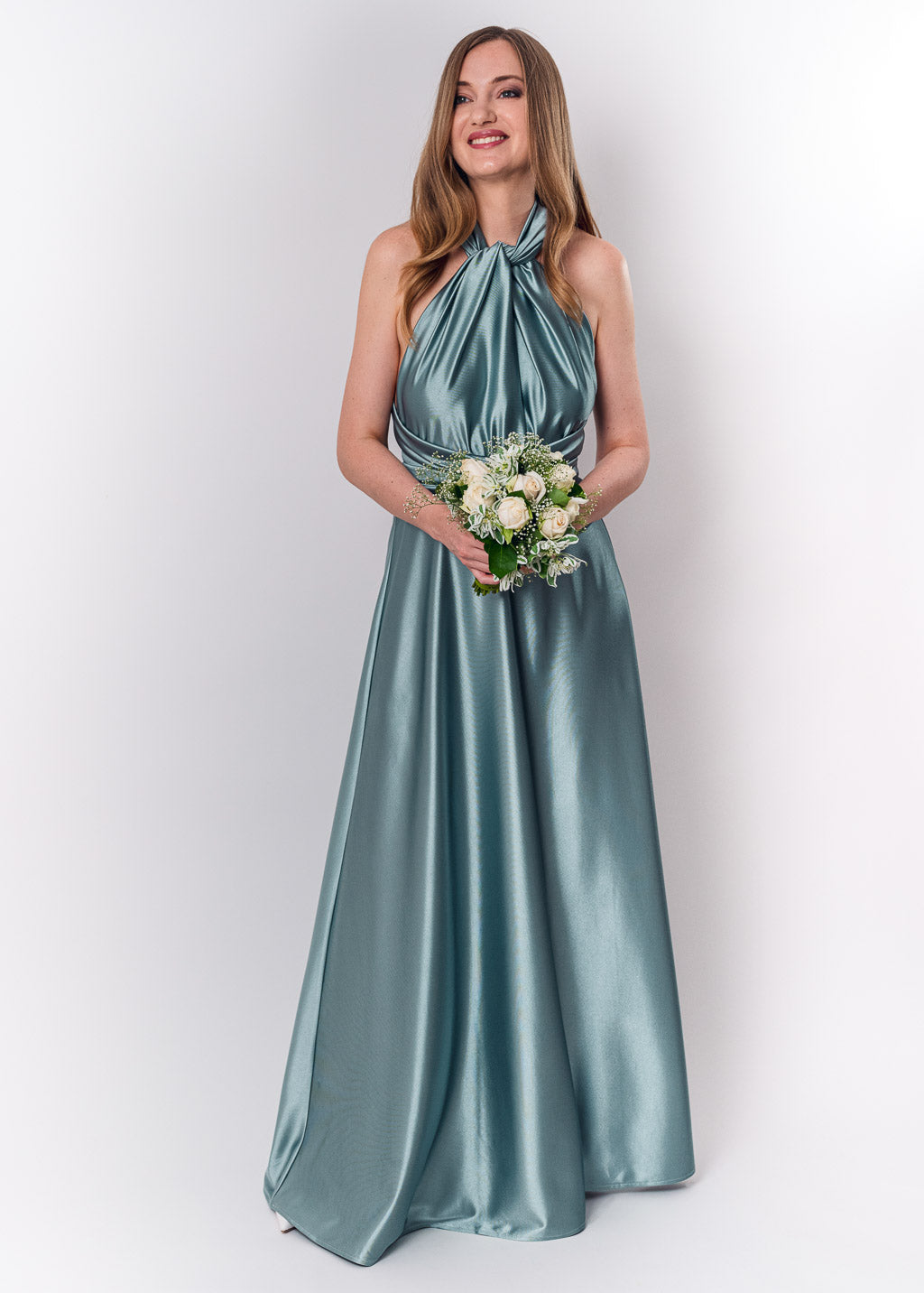 Dusty blue luxury satin infinity dress or jumpsuit