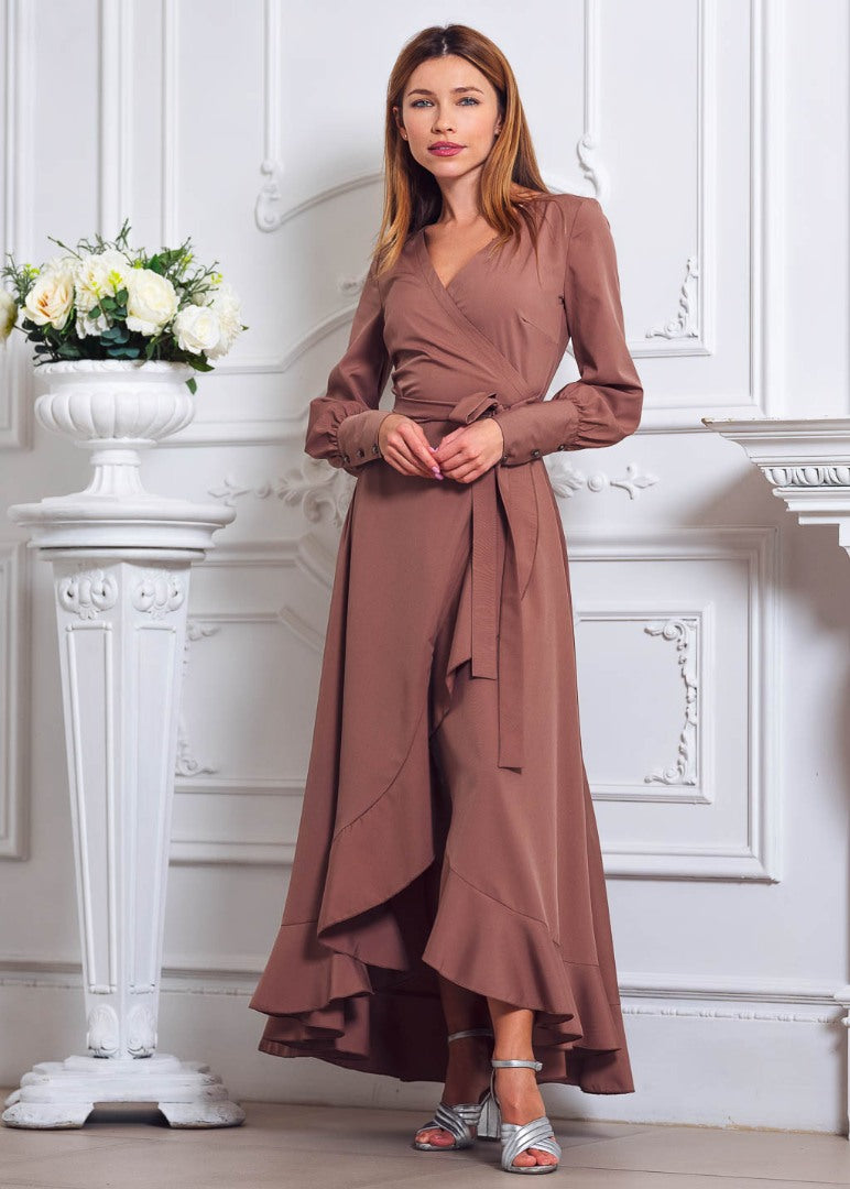 Brown long wrap dress