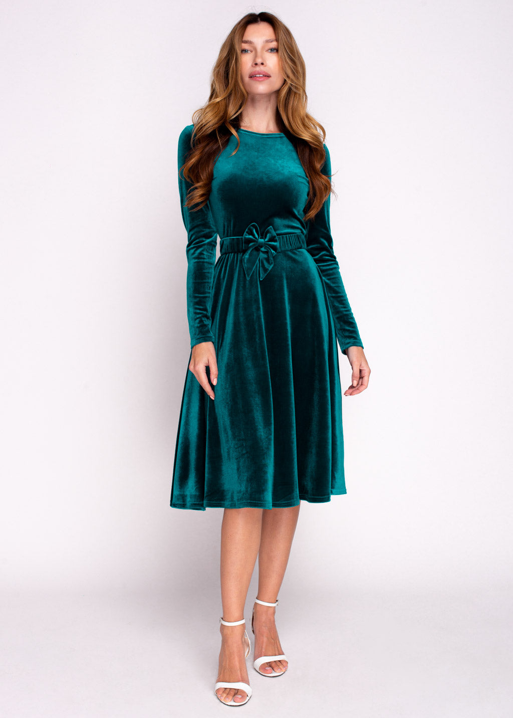 Teal green velvet dress with belt