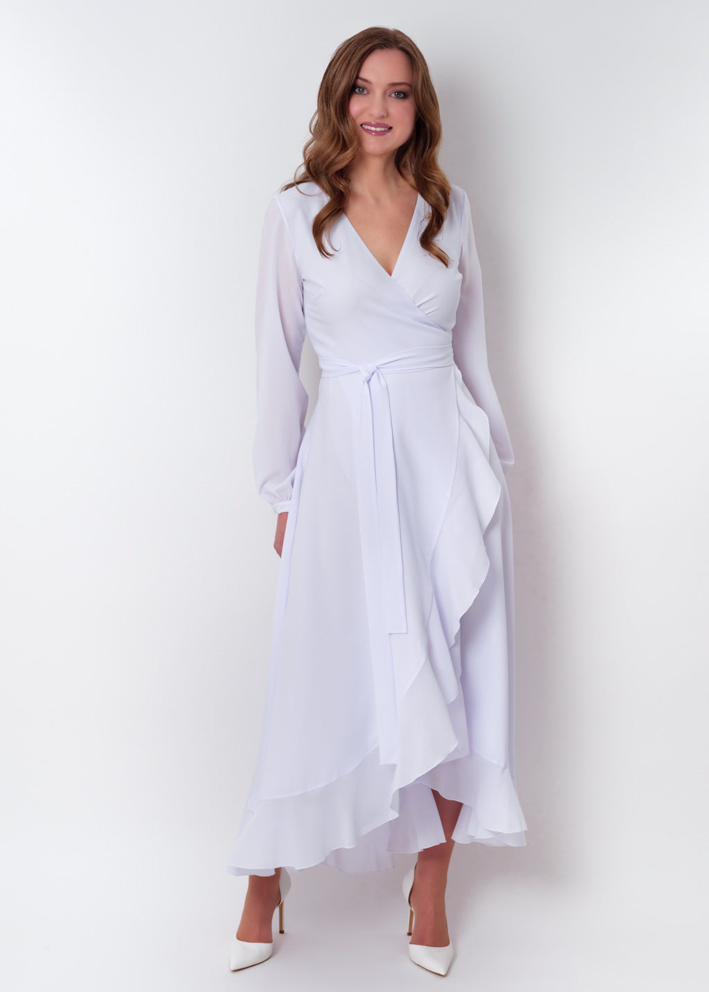 White chiffon wrap dress