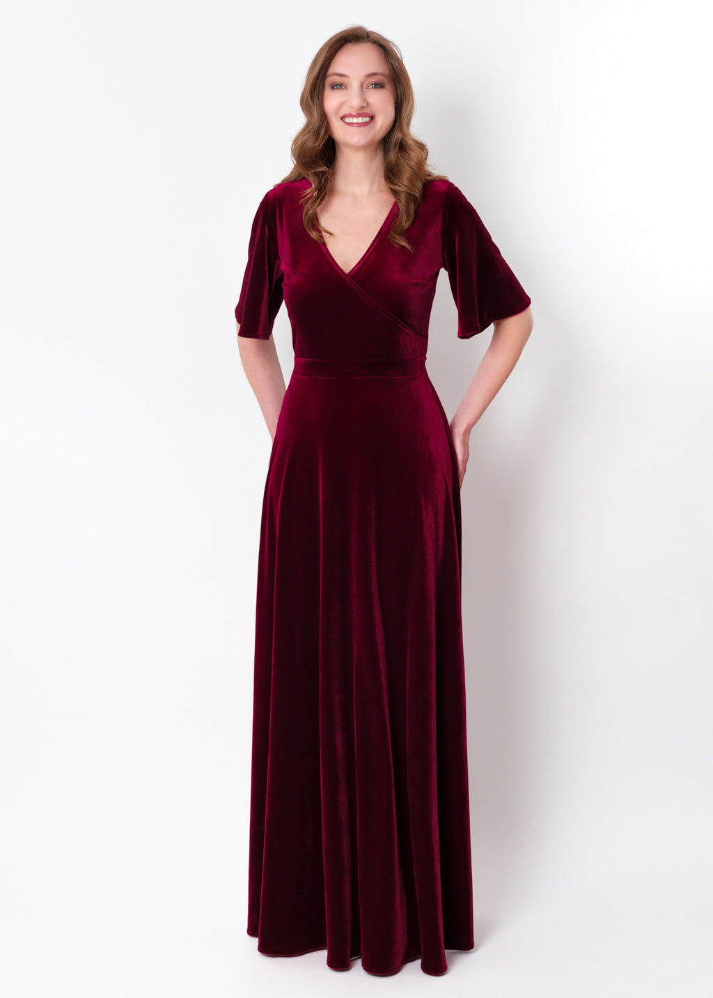 Burgundy velvet wrap long dress