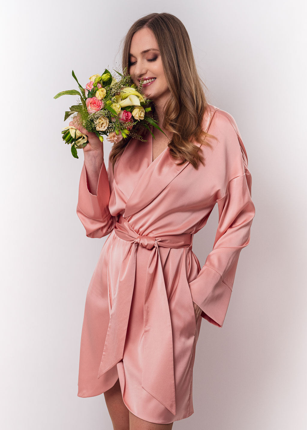 Blush pink silk robe with pockets