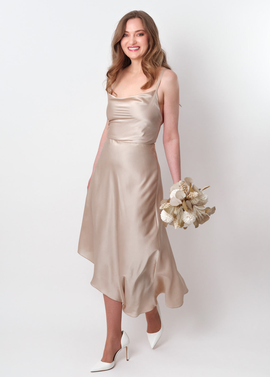 Champagne beige silk asymmetric dress