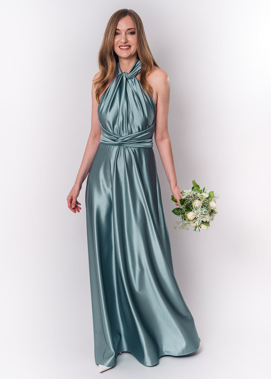 Dusty blue luxury satin infinity dress or jumpsuit