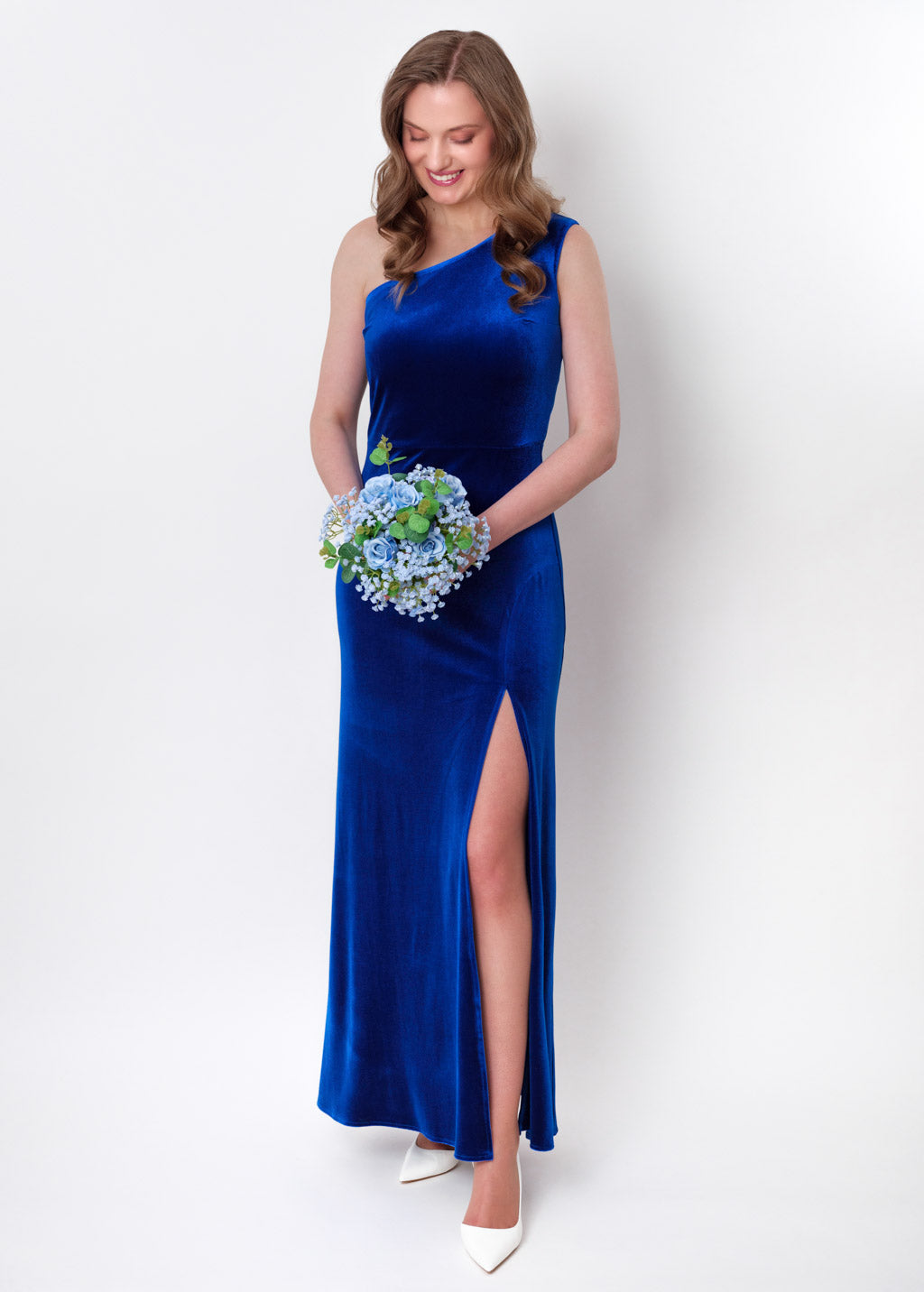 Royal blue velvet one shoulder slit dress